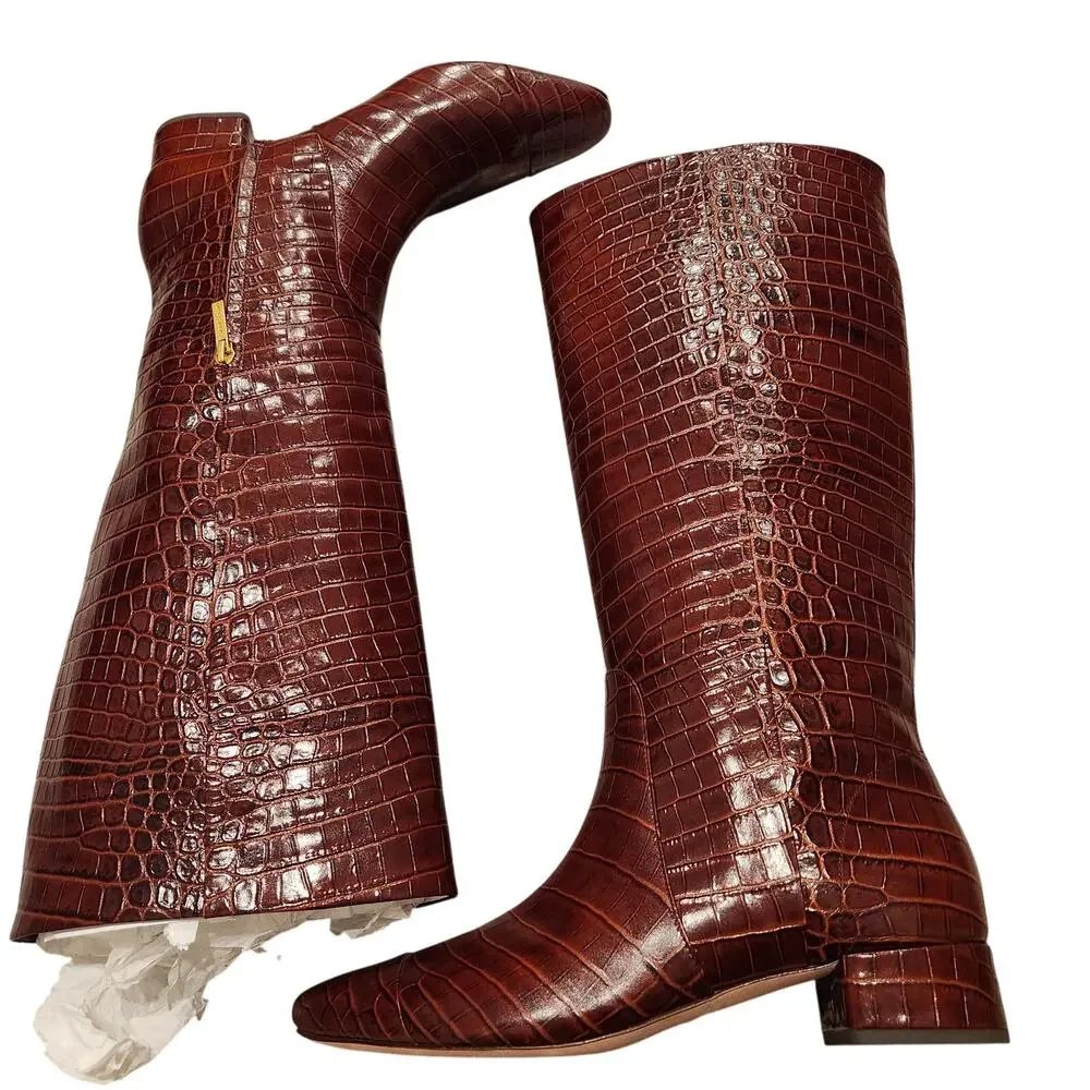 Veronica Beard Cecile Croc embossed tall leather brown boots size 11